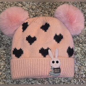 Charming Handmade Pink and Black Heart Kids Beanie with Pom Poms